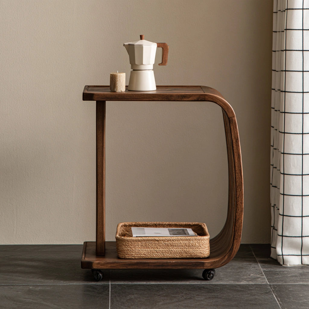 Table d'appoint en bois brun foncé avec roulettes, style C, de la marque domvirexo, idéale pour décoration intérieure.