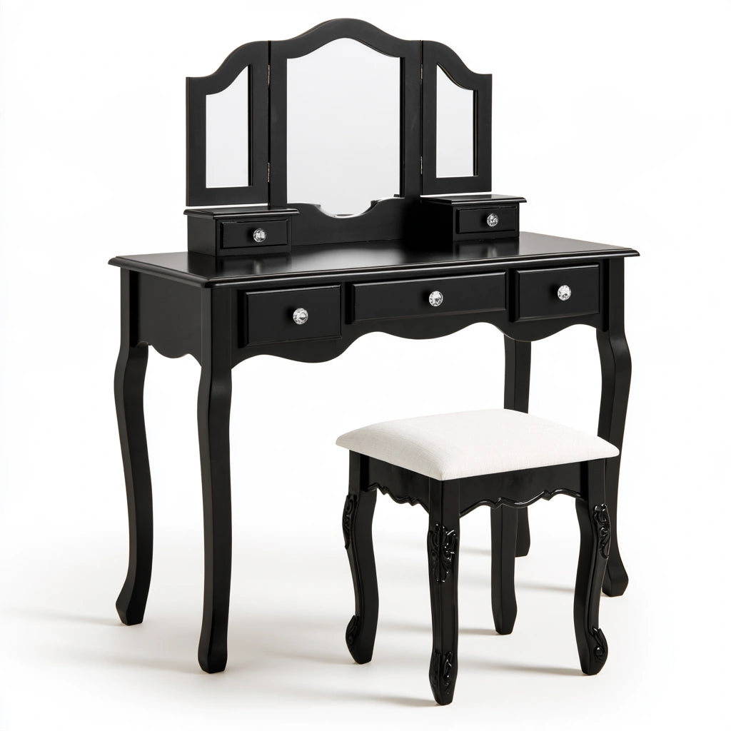 Coiffeuse en bois noir avec miroir pliant et quatre tiroirs, meuble de chambre de la marque domvirexo.