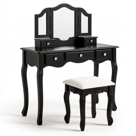 Coiffeuse en bois noir avec miroir pliant et quatre tiroirs, meuble de chambre de la marque domvirexo.