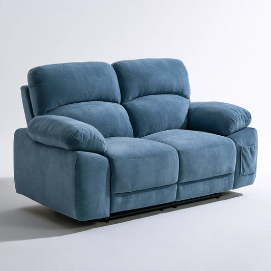 Canapé deux places en velours bleu de la marque domvirexo, style élégant et confortable, posé dans un intérieur moderne.