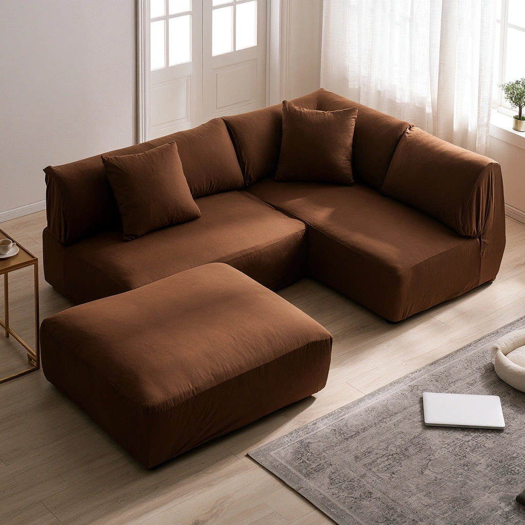 Canapé d'angle modulable gris de la marque Domvirexo, lignes épurées et design moderne, section en L avec coussins assortis.