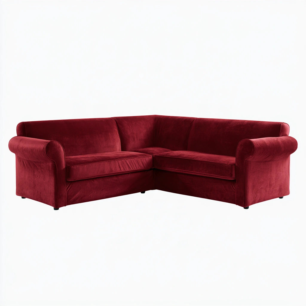 Housse extensible en velours bordeaux et rouge pour canapé ou fauteuil, de la marque domvirexo, sur un meuble en velours.