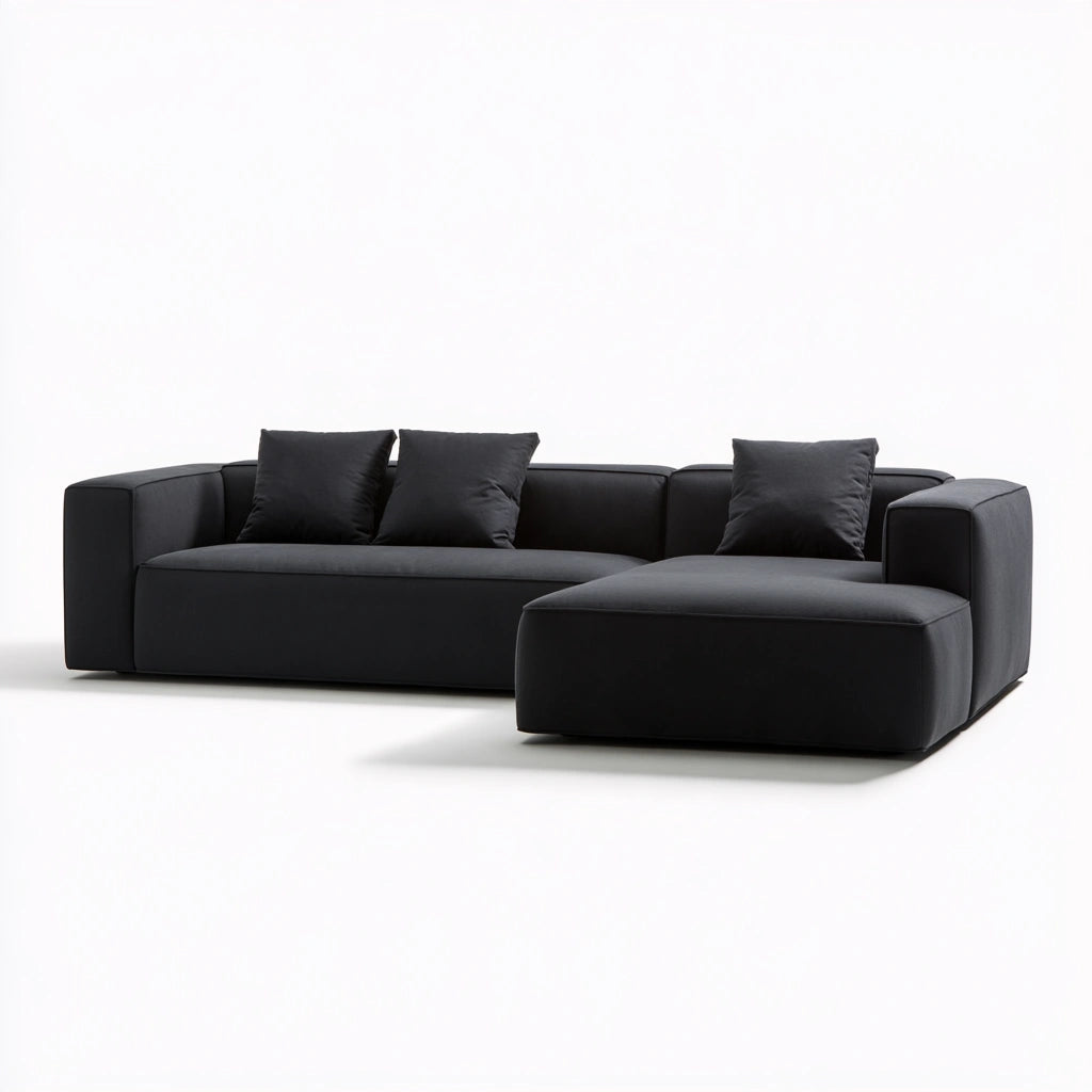 Canapé d'angle modulable gris de style moderne, avec lignes épurées, fabriqué par Domvirexo, dans un studio clair.