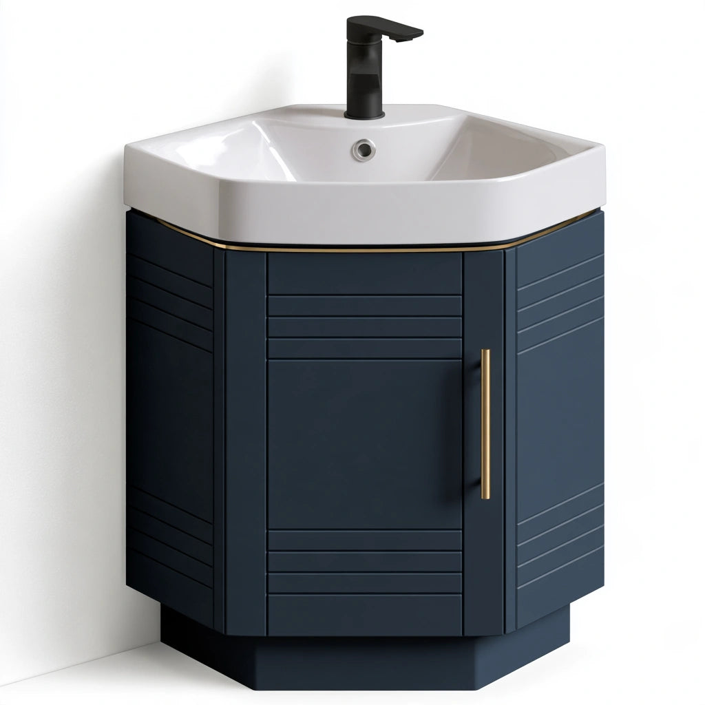Meuble de salle de bains suspendu en bois bleu foncé, design moderne, avec un cabinet en bois dans la salle de bains.