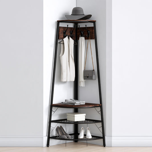 Vestiaire d'entrée en métal noir et brun foncé, meuble de rangement pour hall avec espace pour manteaux et accessoires.