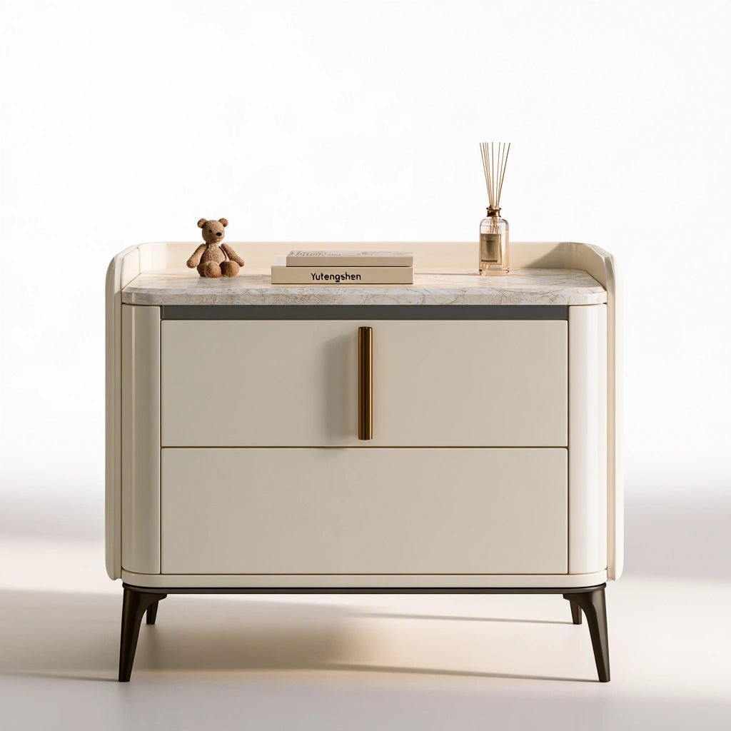 Table de chevet moderne en crème avec deux tiroirs, meuble de chambre élégant de la marque domvirexo.