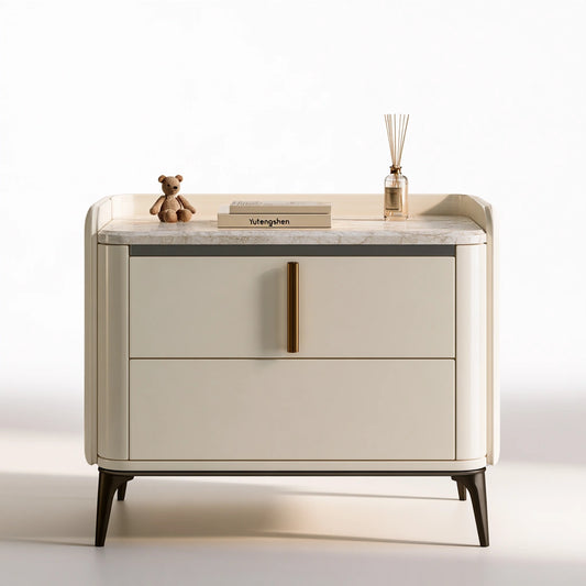 Table de chevet moderne en crème avec deux tiroirs, meuble de chambre élégant de la marque domvirexo.