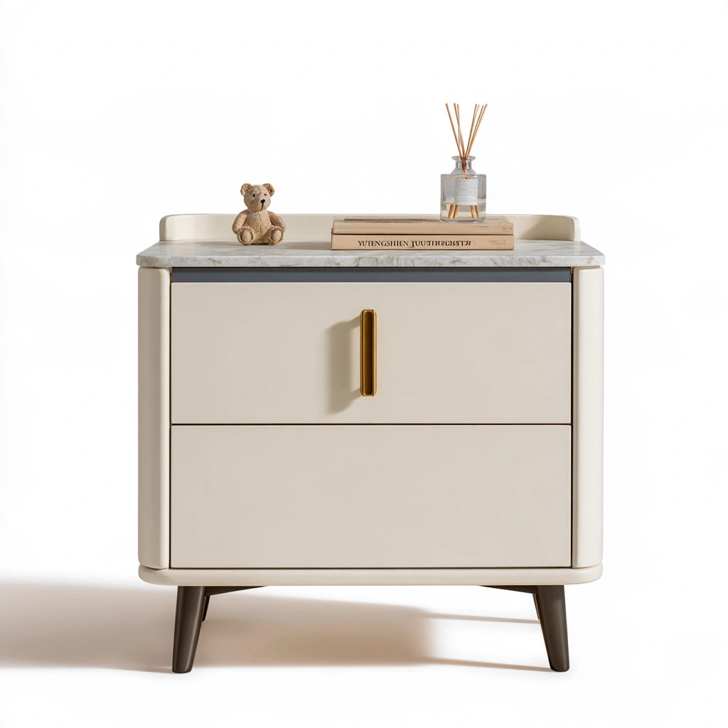 Table de chevet moderne de chambre, coloris crème avec deux tiroirs, meuble élégant et épuré de la marque Domvirexo.