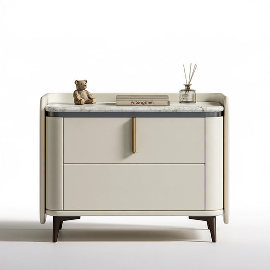 Table de chevet moderne couleur crème avec deux tiroirs, meuble de chambre élégant de la marque domvirexo.