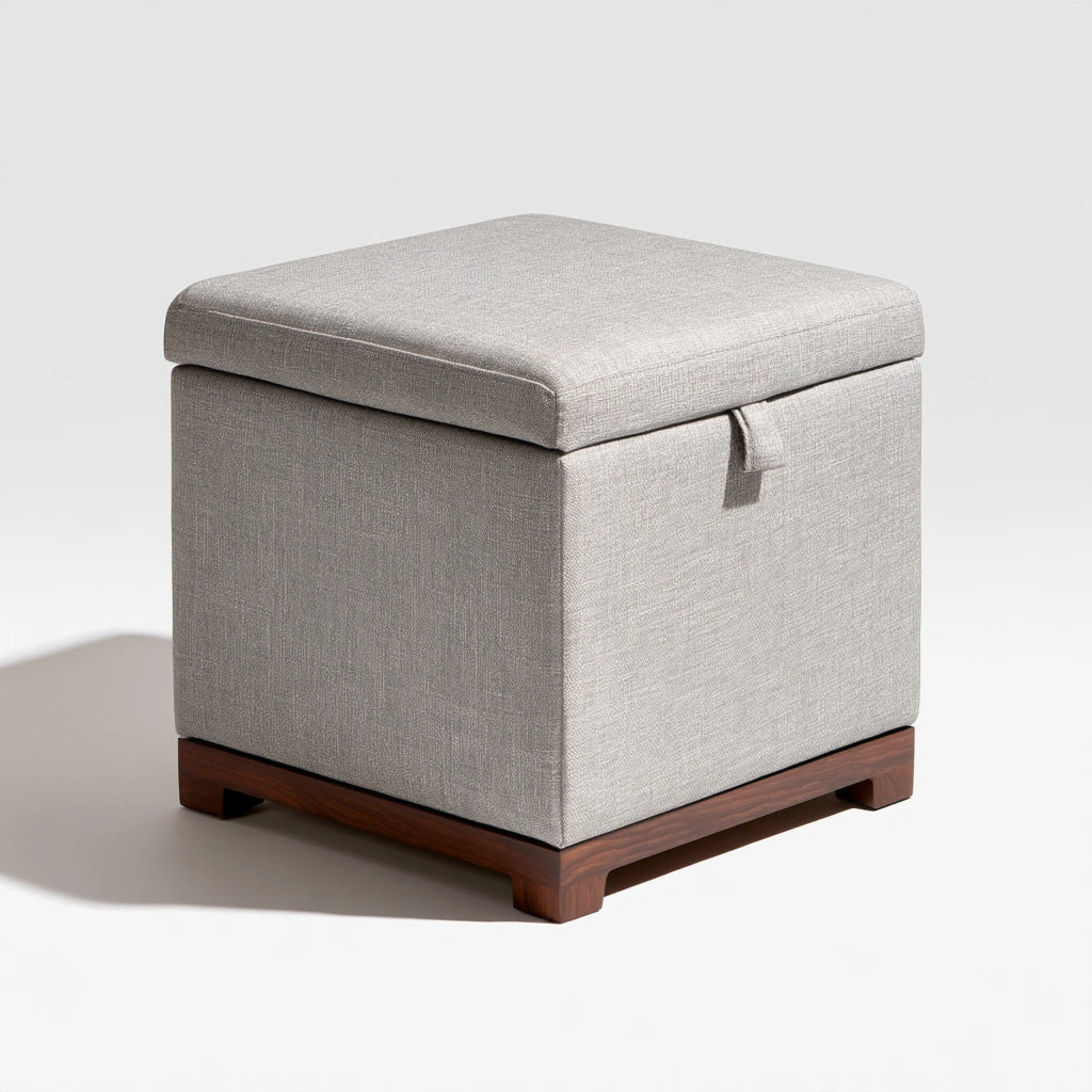 Tabouret de rangement en forme de cube, rembourré, en tissu gris clair, style épuré, de la marque Domvirexo.