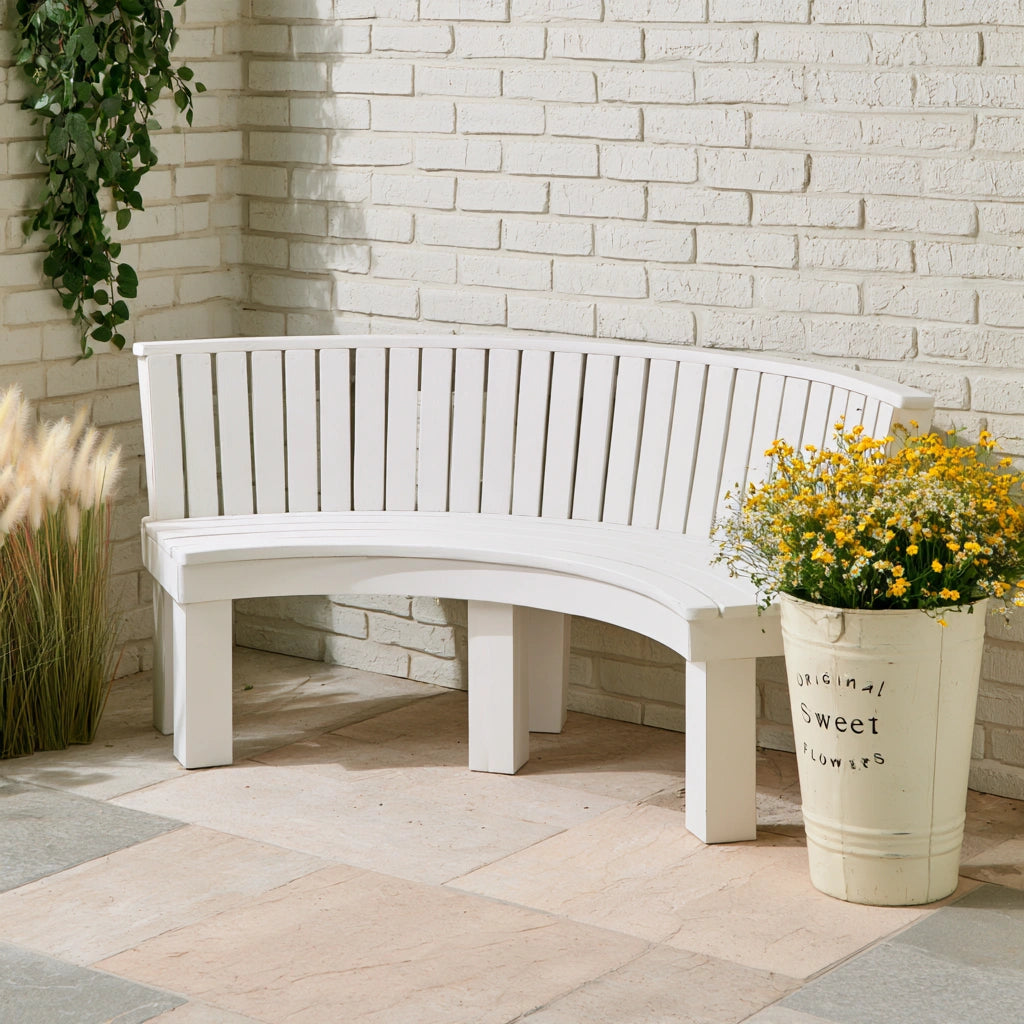 Banc décoratif en bois blanc, semi-circulaire, pour intérieur ou extérieur, de style élégant et moderne, par domvirexo.