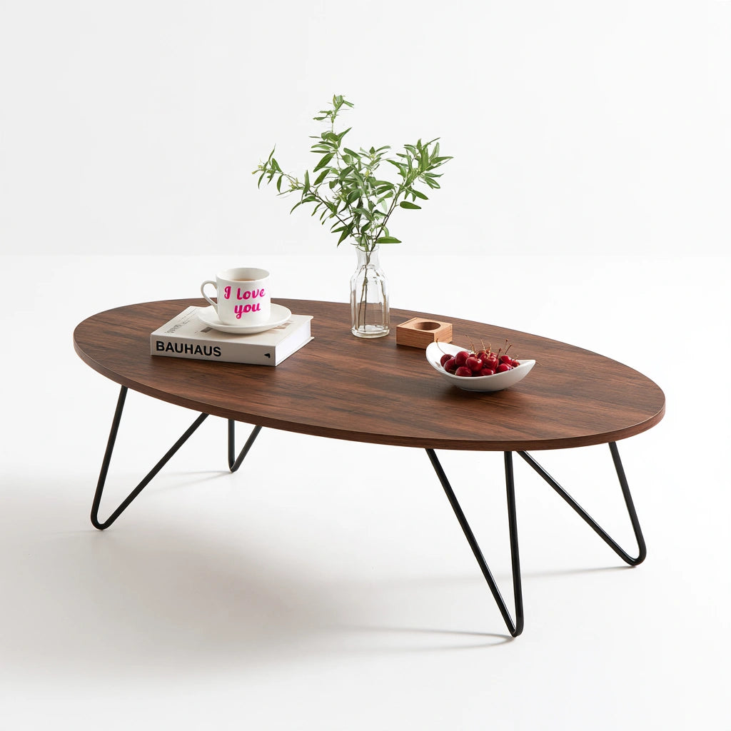Table basse en bois brun foncé, forme ovale, avec surface lisse et grain de bois visible, de la marque domvirexo.