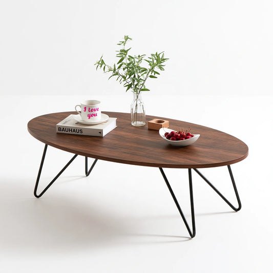 Table basse en bois brun foncé, forme ovale, avec surface lisse et grain de bois visible, de la marque domvirexo.