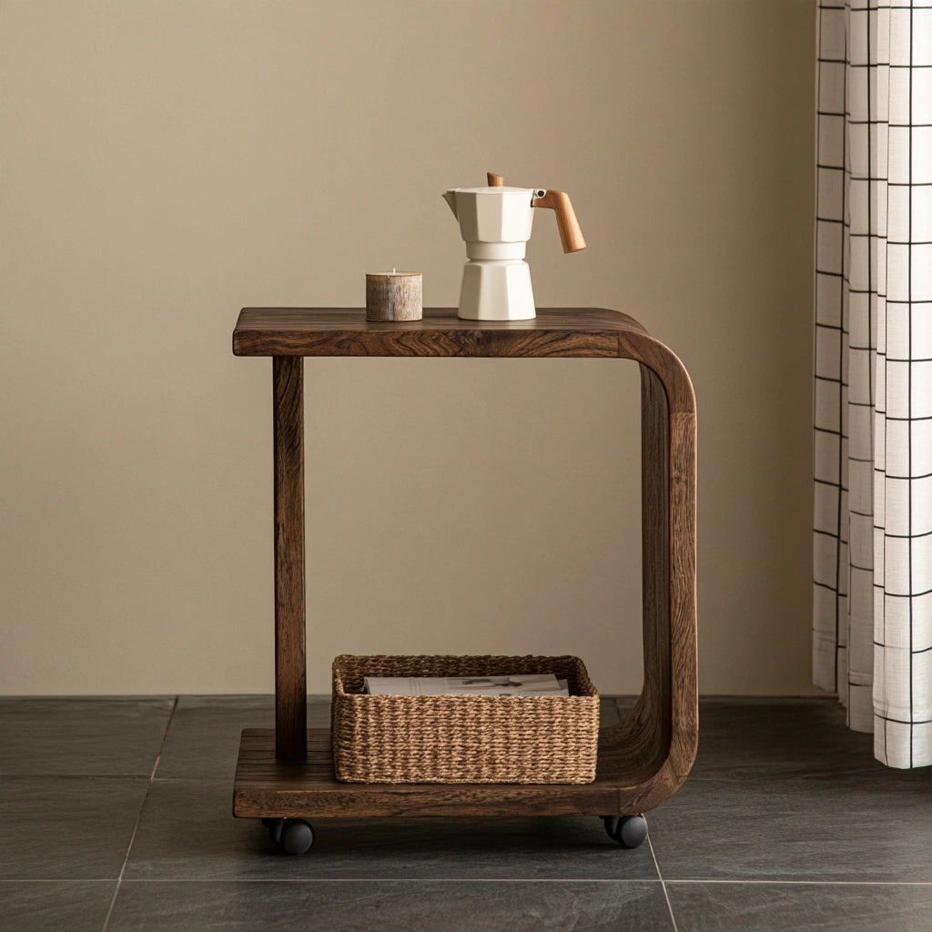 Table d'appoint en bois brun foncé avec roulettes, style C, de la marque Domvirexo, idéale pour salon ou chambre.