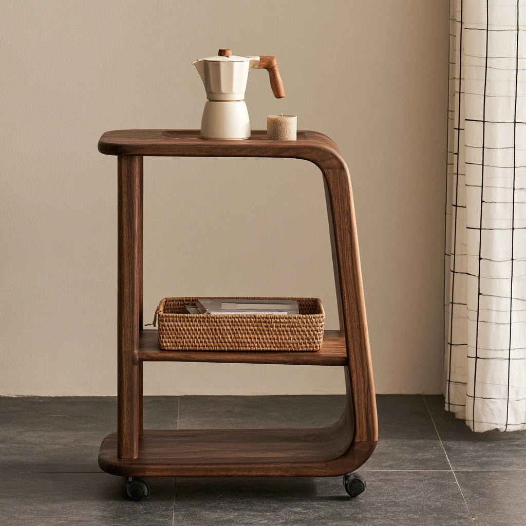 Table d'appoint en bois brun foncé avec roulettes, table d'appoint en bois de style C, par domvirexo.