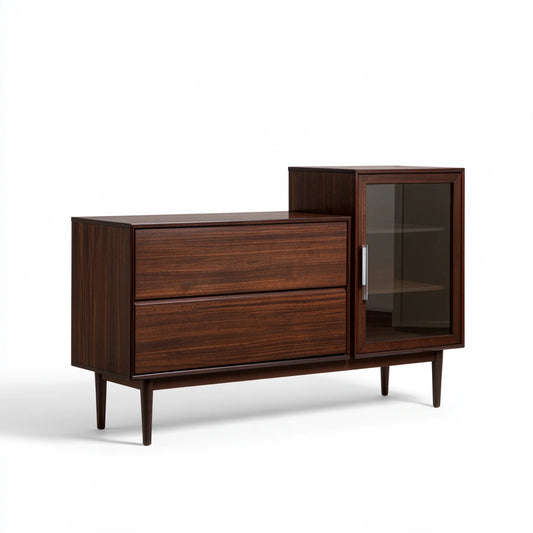 Meuble de rangement en bois brun foncé de style entrée, avec quatre jambes fines, pour organisation et décoration intérieure.