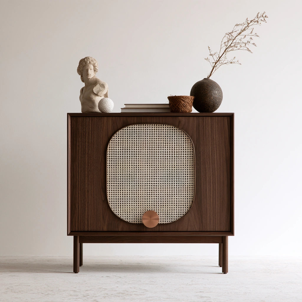 Meuble de rangement en bois brun foncé de style moderne, idéal pour l'entrée, avec cadre rectangulaire, par domvirexo.